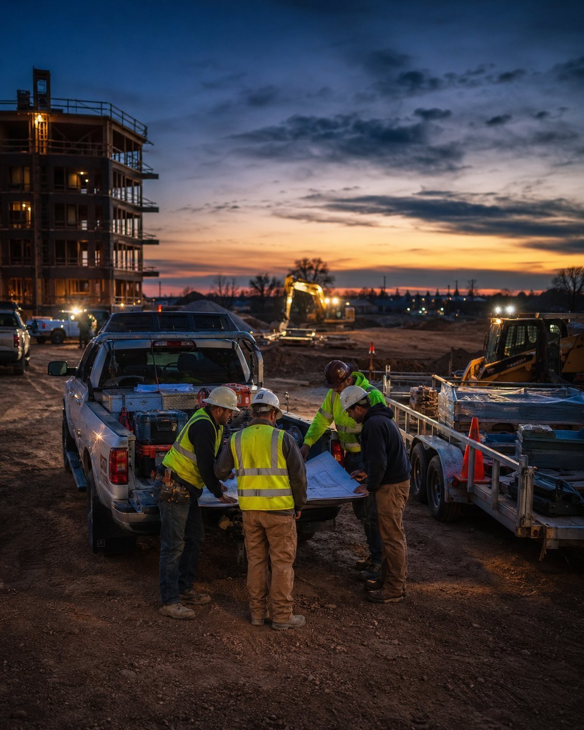 Contractor owner and crew reviewing plans on a truck tailgate at a job site at dusk
